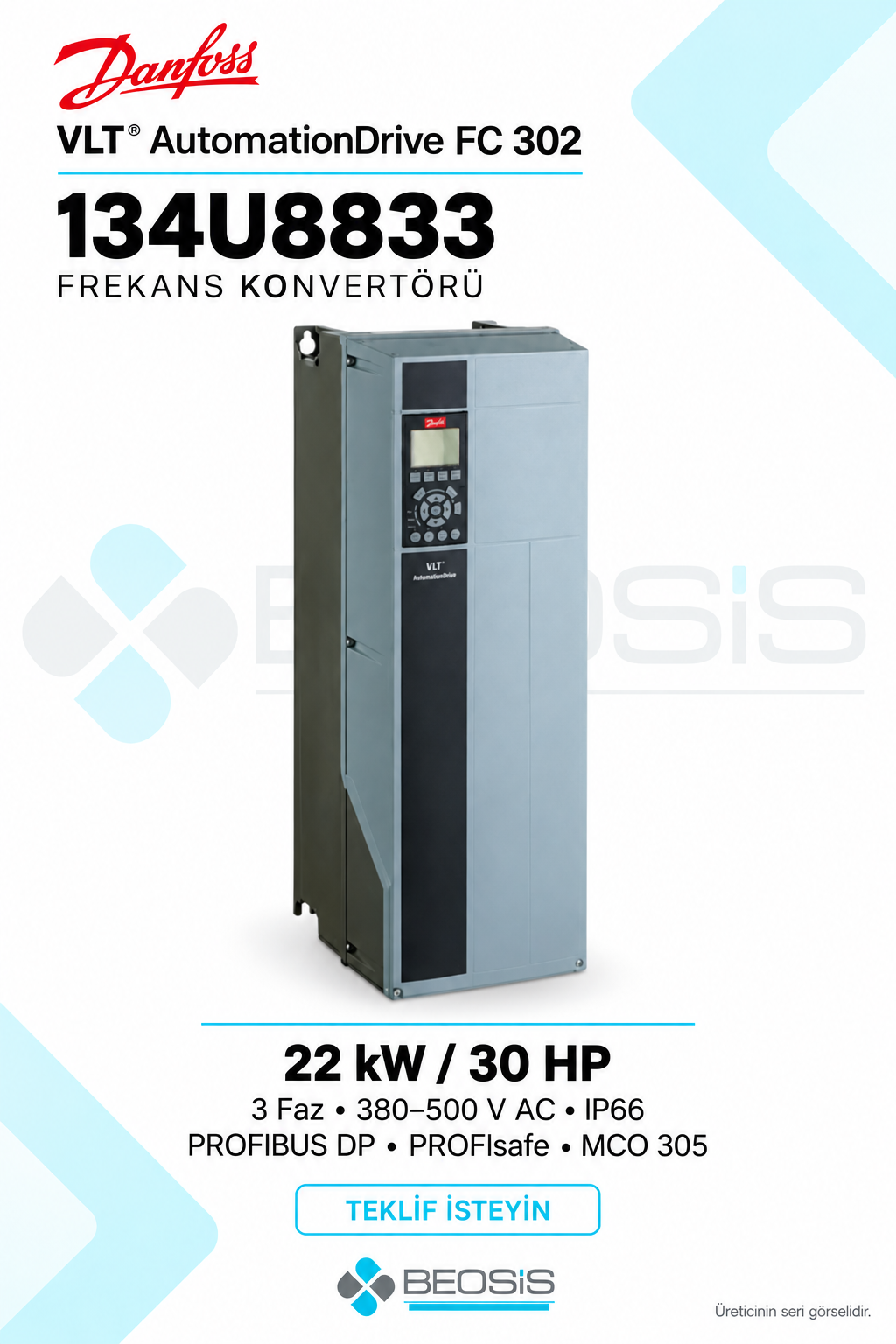Danfoss 134U8833 VLT AutomationDrive FC 302 22 kW 380–500 V IP66 Grafik Panelli Motor Hız Kontrol Cihazı