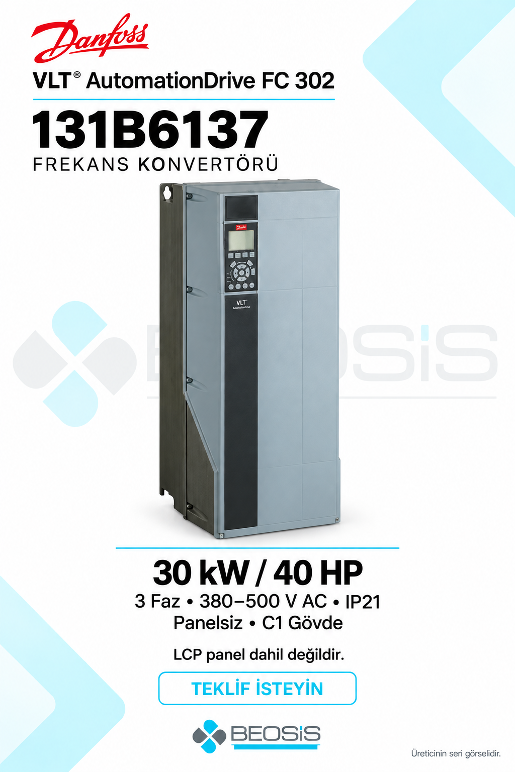 Danfoss 131B6137 VLT AutomationDrive FC 302 30 kW 380–500 V IP21 Panelsiz Motor Hız Kontrol Cihazı
