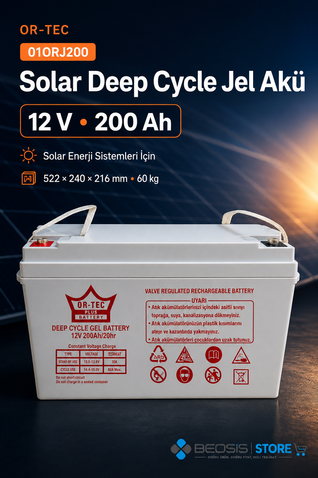 OR-TEC SOLAR JEL AKÜ 01ORJ200 OR-TEC 12 V 200 Ah DEEP CYCLE JEL AKÜ
