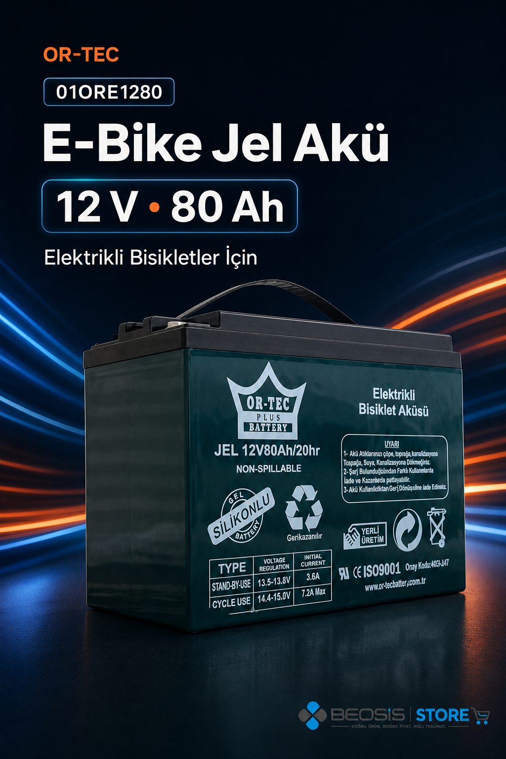 OR-TEC E-BİKE JEL AKÜ 01ORE1280 OR-TEC 12 V 80 Ah ELEKTRİKLİ JEL AKÜ