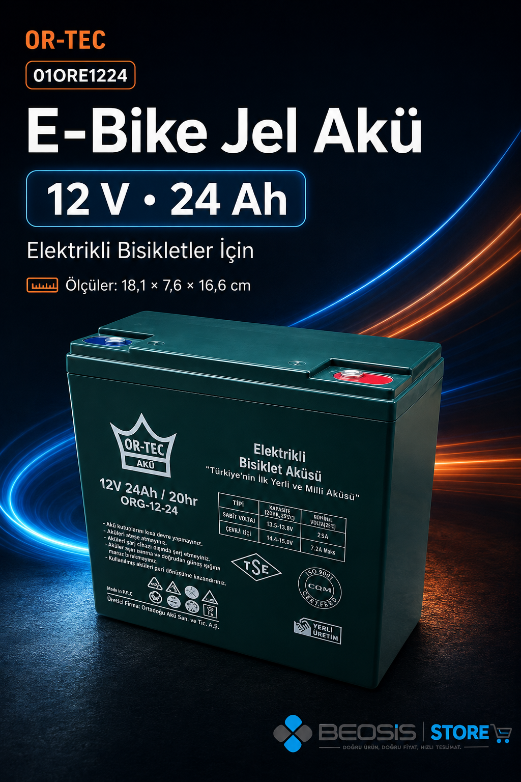 OR-TEC E-BİKE JEL AKÜ 01ORE1224 OR-TEC 12 V 24 Ah ELEKTRİKLİ JEL AKÜ