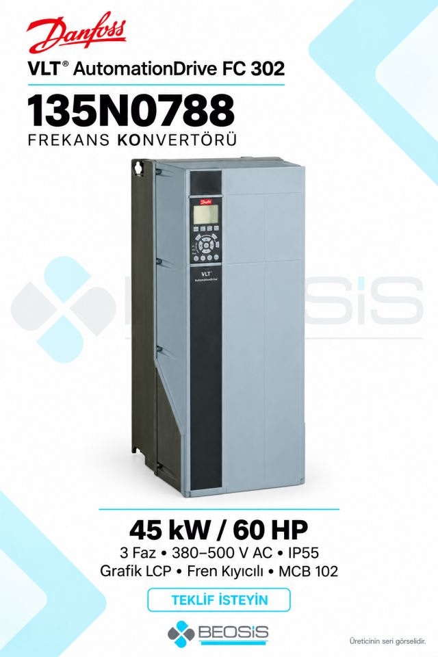 Danfoss 135N0788 VLT AutomationDrive FC 302 45 kW 380–500 V IP55 Grafik Panelli Motor Hız Kontrol Cihazı