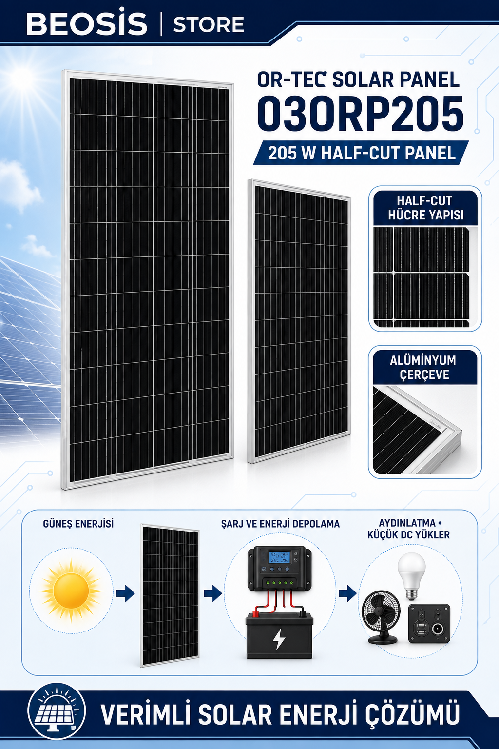 OR-TEC SOLAR PANEL 03ORP205 OR-TEC SOLAR HALF-CUT 205 W Panel