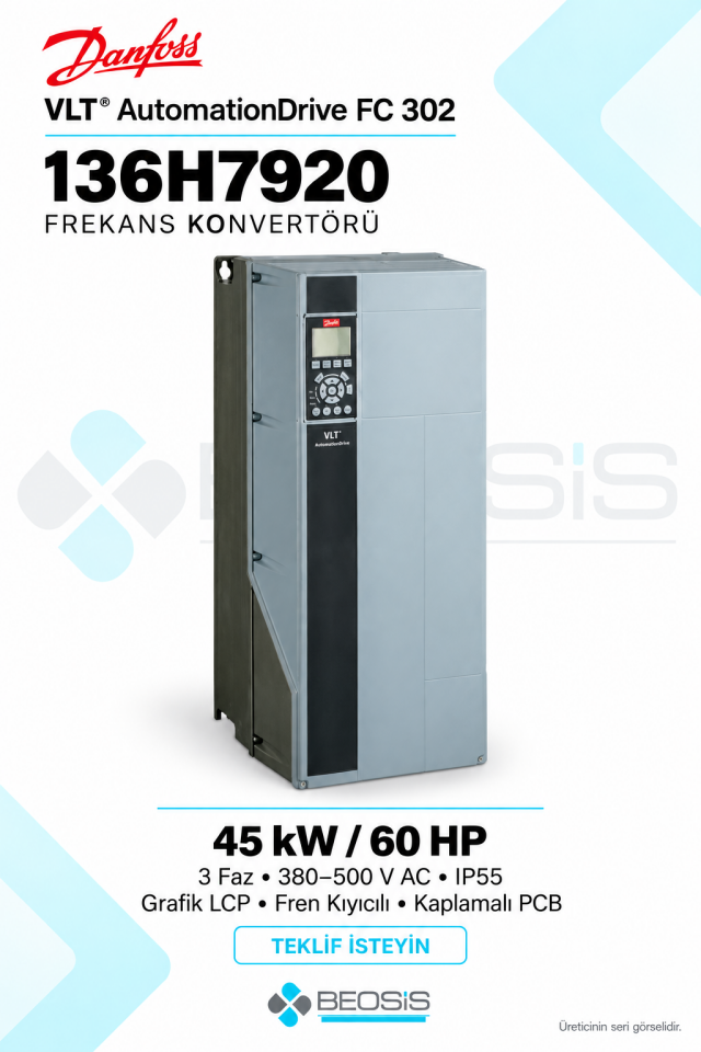 Danfoss 136H7920 VLT AutomationDrive FC 302 45 kW 380–500 V IP55 Grafik Panelli Motor Hız Kontrol Cihazı
