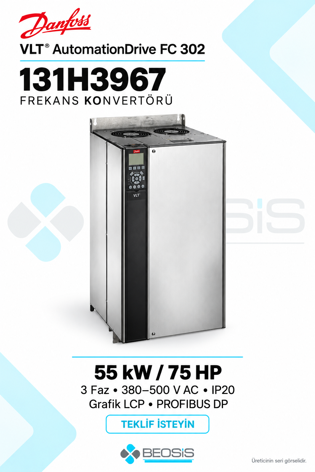 Danfoss 131H3967 VLT AutomationDrive FC 302 55 kW 380–500 V IP20 Grafik Panelli Motor Hız Kontrol Cihazı