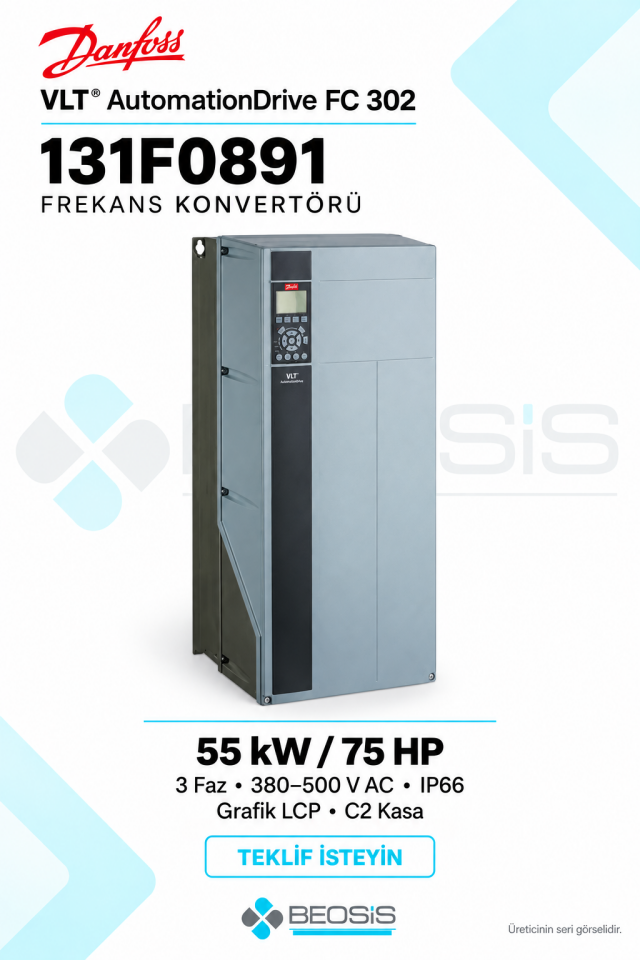 Danfoss 131F0891 VLT AutomationDrive FC 302 55 kW 380–500 V IP66 Grafik Panelli Motor Hız Kontrol Cihazı