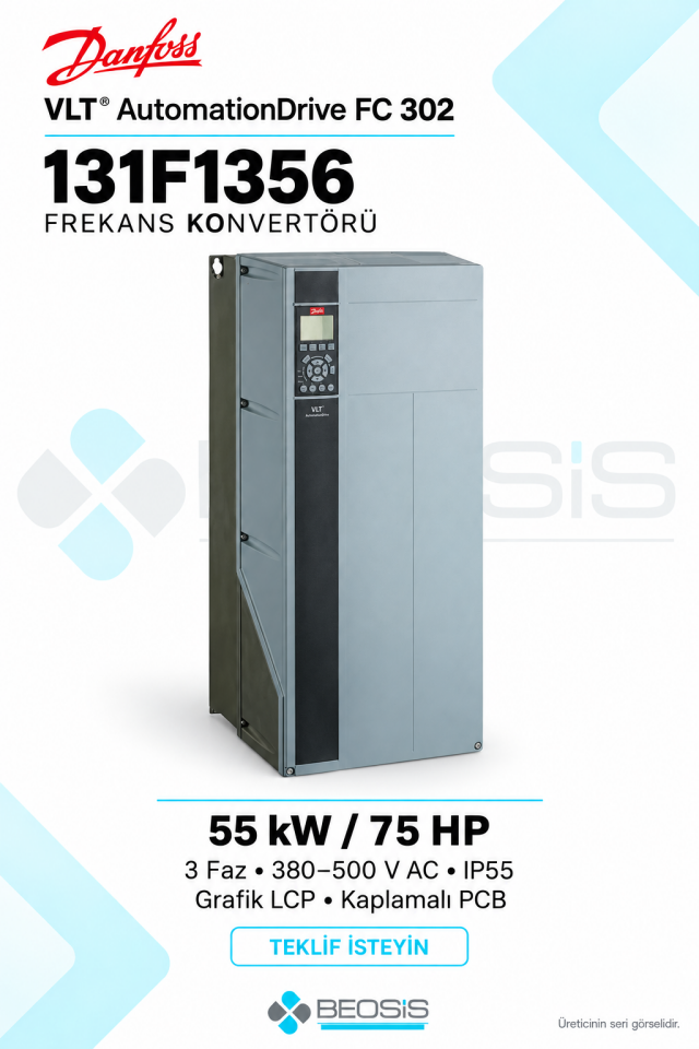 Danfoss 131F1356 VLT AutomationDrive FC 302 55 kW 380–500 V IP55 Grafik Panelli Motor Hız Kontrol Cihazı