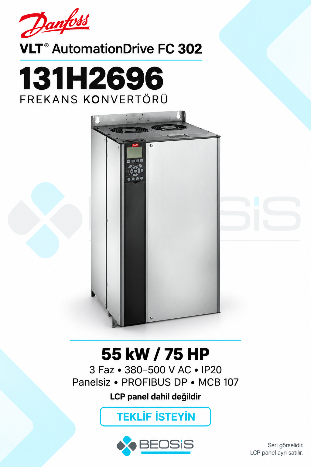 Danfoss 131H2696 VLT AutomationDrive FC 302 55 kW 380–500 V IP20 Panelsiz Motor Hız Kontrol Cihazı