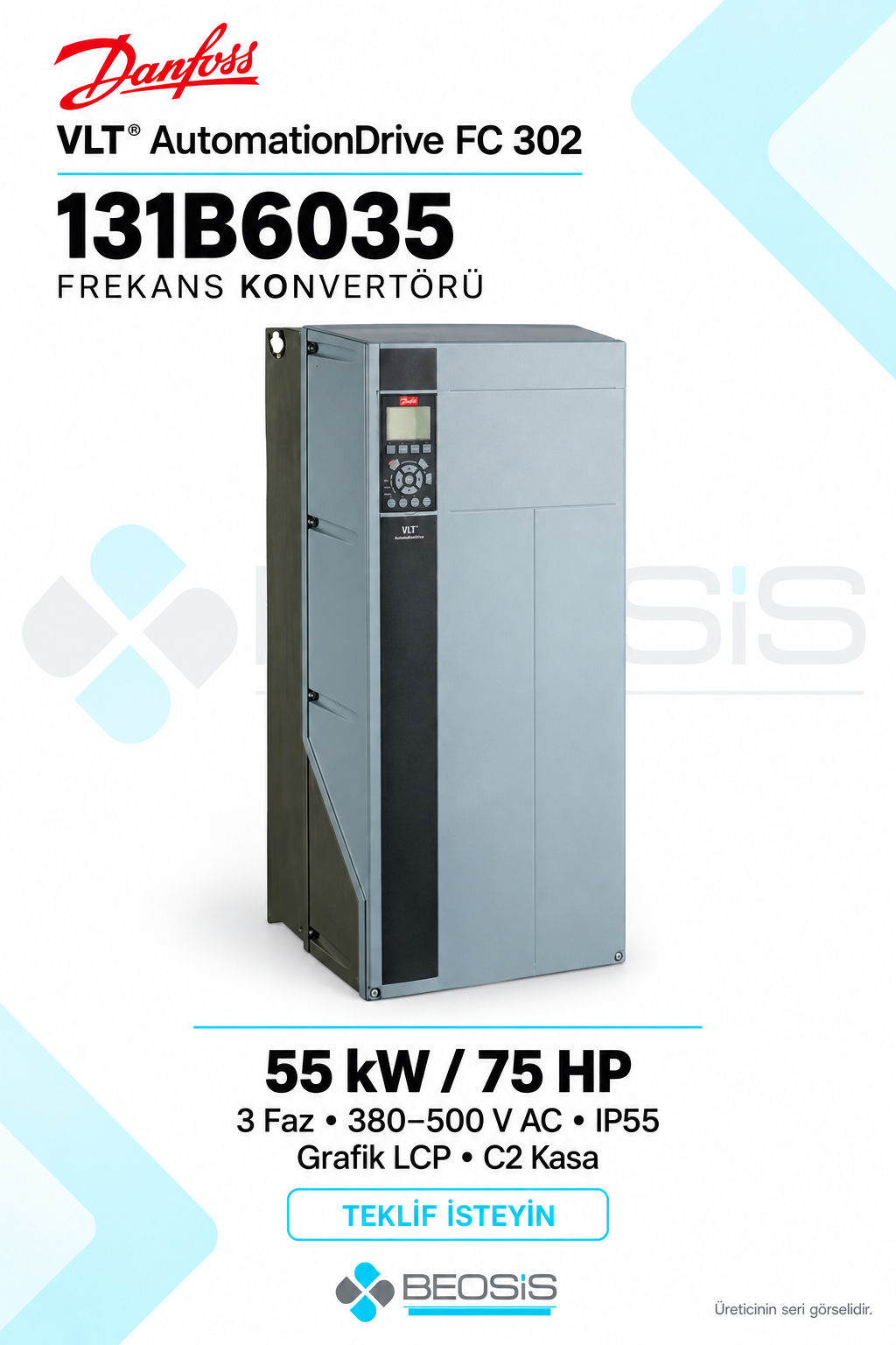 Danfoss 131B6035 VLT AutomationDrive FC 302 55 kW 380–500 V IP55 Grafik Panelli Motor Hız Kontrol Cihazı