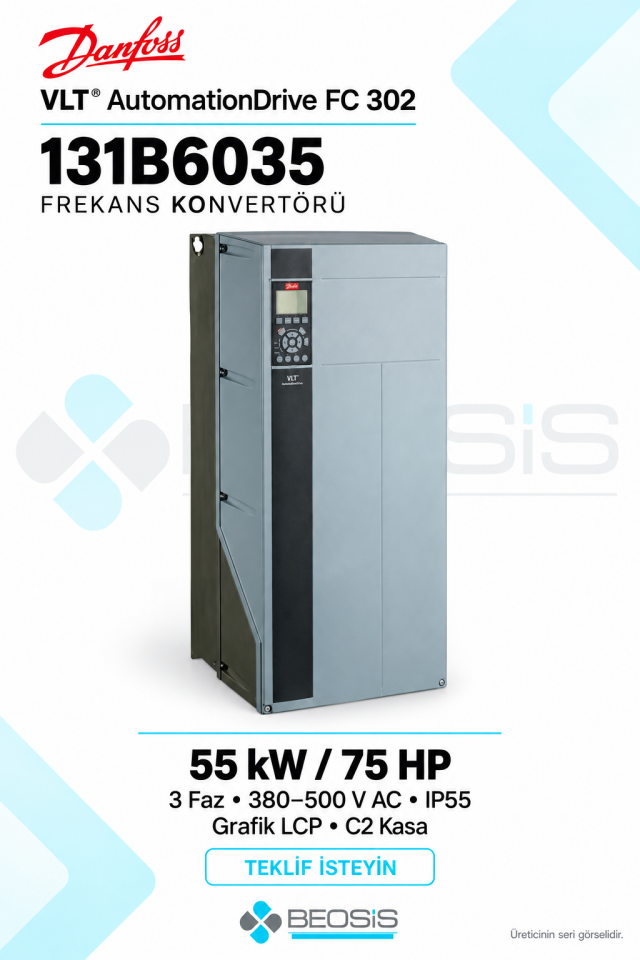 Danfoss 131B6035 VLT AutomationDrive FC 302 55 kW 380–500 V IP55 Grafik Panelli Motor Hız Kontrol Cihazı