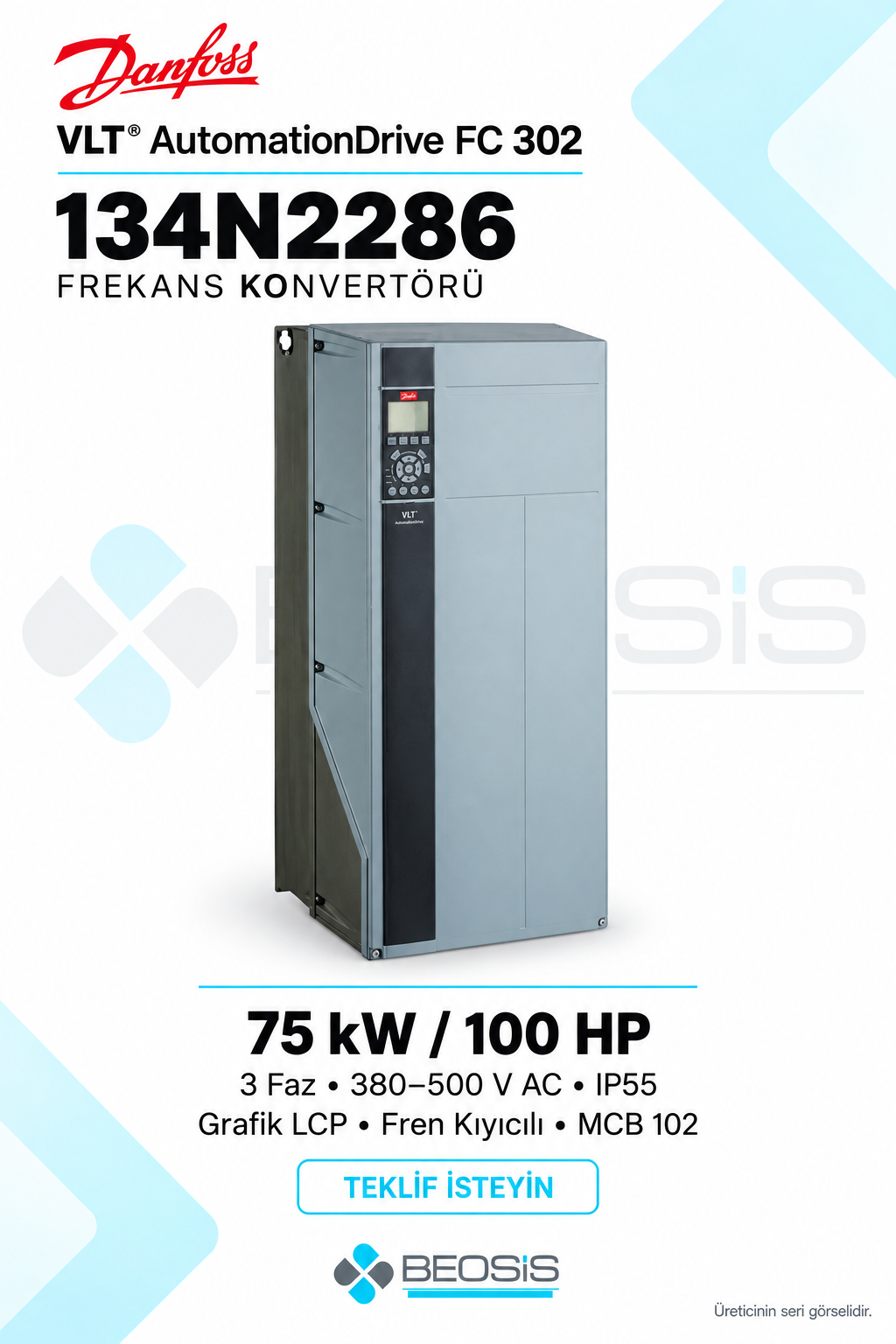Danfoss 134N2286 VLT AutomationDrive FC 302 75 kW 380–500 V IP55 Grafik Panelli Motor Hız Kontrol Cihazı