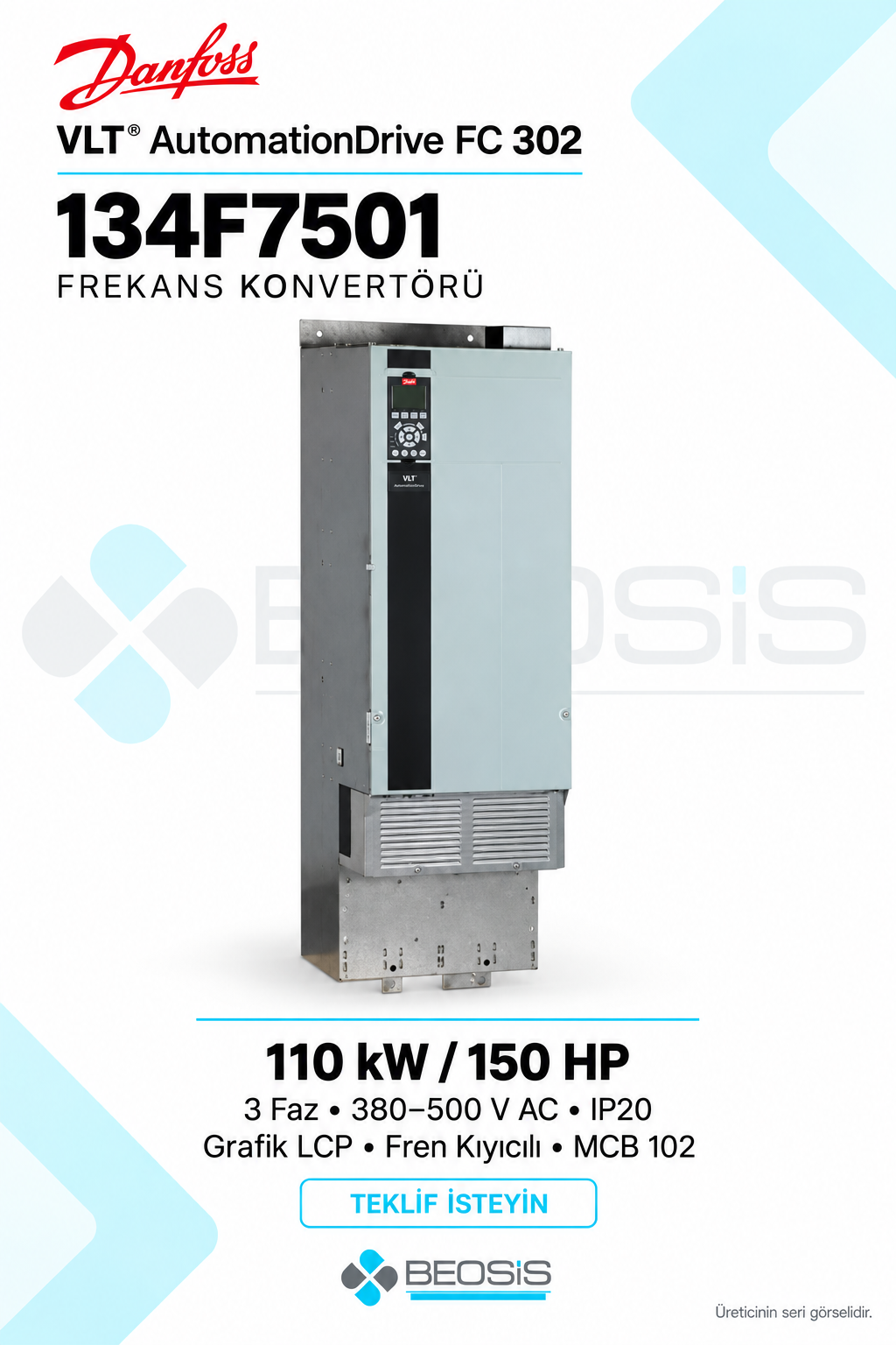 Danfoss 134F7501 VLT AutomationDrive FC 302 110 kW 380–500 V IP20 Grafik Panelli Motor Hız Kontrol Cihazı