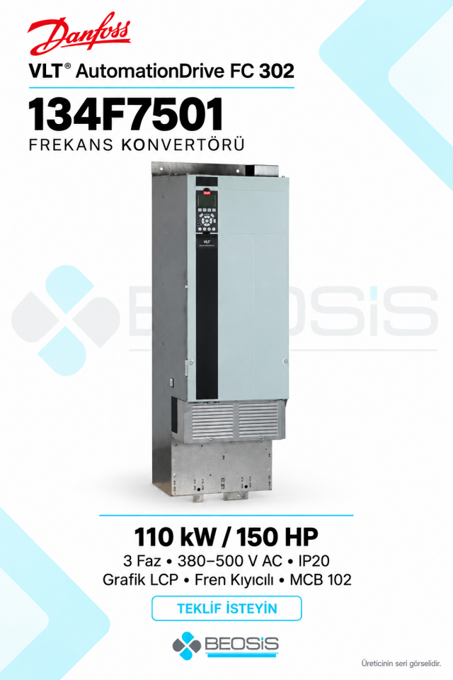 Danfoss 134F7501 VLT AutomationDrive FC 302 110 kW 380–500 V IP20 Grafik Panelli Motor Hız Kontrol Cihazı