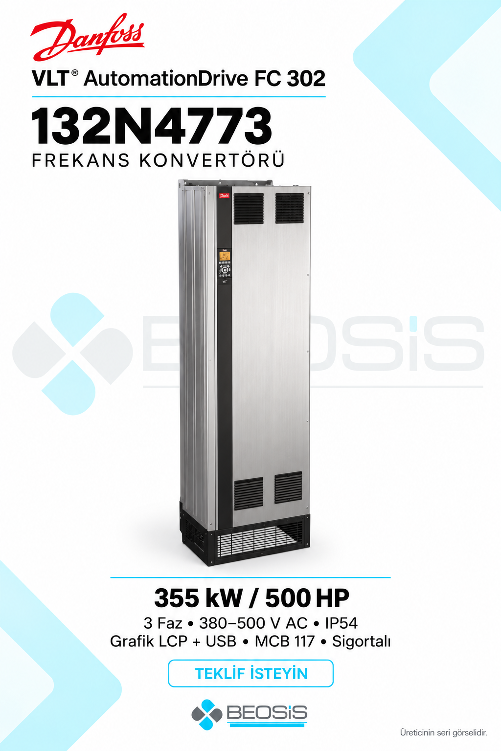Danfoss 132N4773 VLT AutomationDrive FC 302 355 kW 380–500 V IP54 Grafik Panelli + USB Motor Hız Kontrol Cihazı