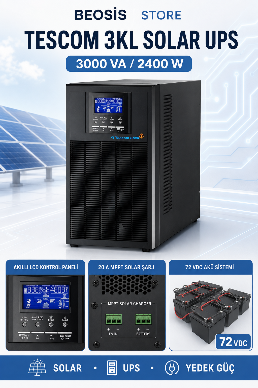 TESCOM 3KL SOLAR UPS 3000VA / 2400W 3KL, 72VDC 20A MPPT CHARGER