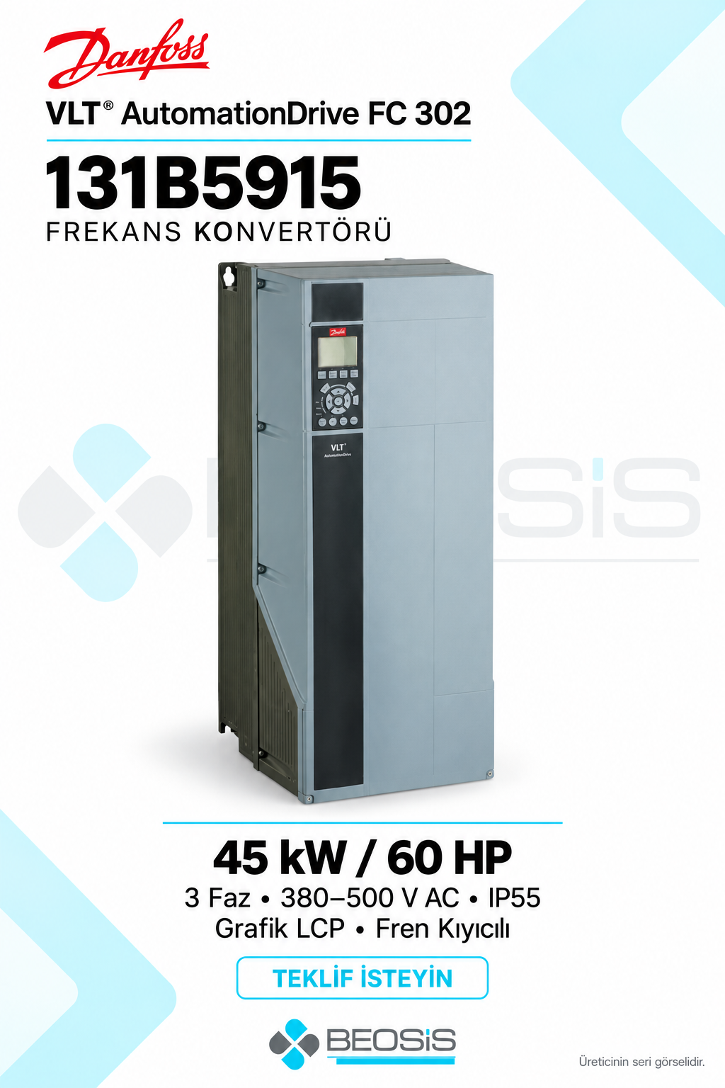 Danfoss 131B5915 VLT AutomationDrive FC 302 45 kW 380–500 V IP55 Grafik Panelli Motor Hız Kontrol Cihazı