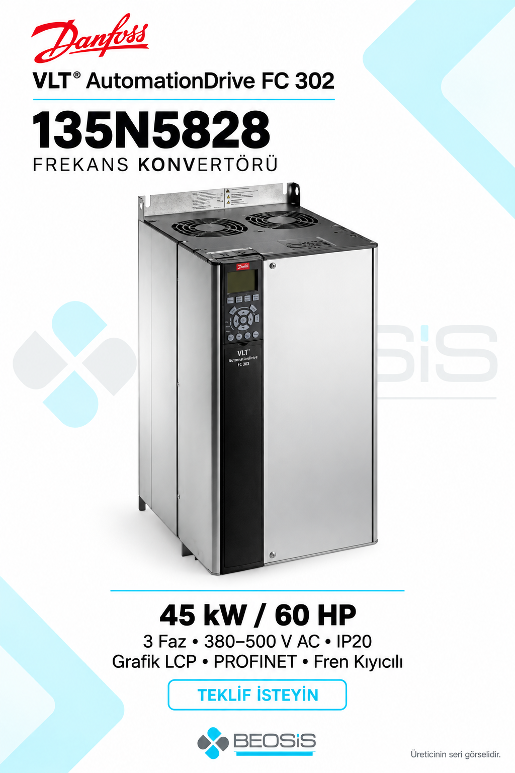 Danfoss 135N5828 VLT AutomationDrive FC 302 45 kW 380–500 V IP20 Grafik Panelli Motor Hız Kontrol Cihazı