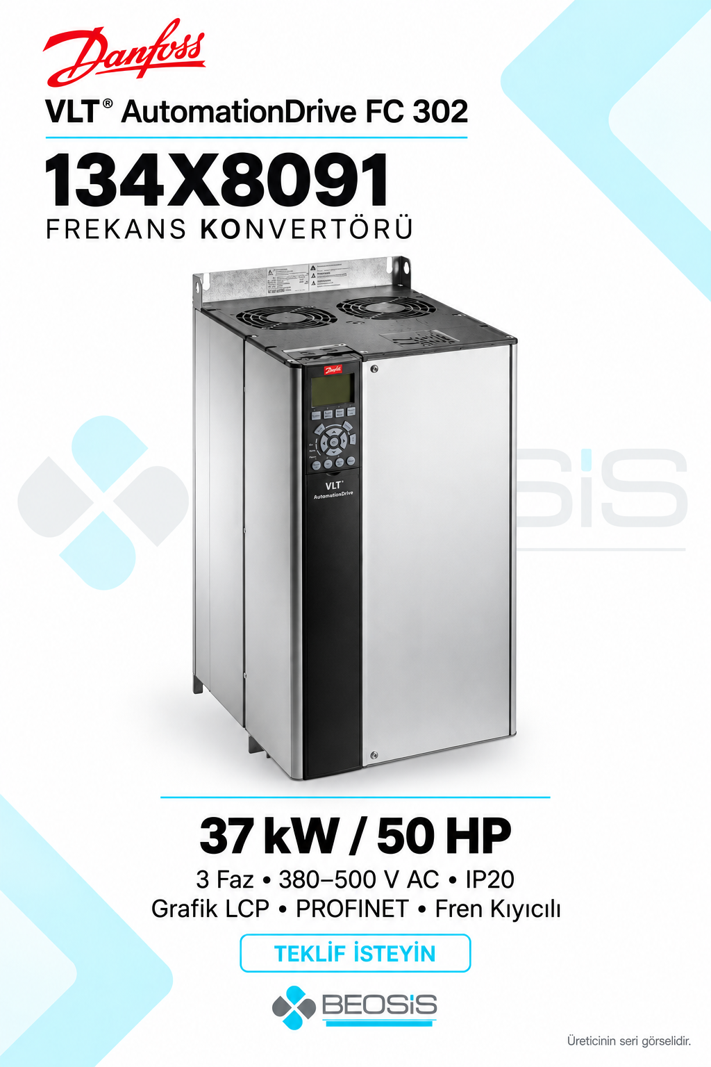 Danfoss 134X8091 VLT AutomationDrive FC 302 37 kW 380–500 V IP20 Grafik Panelli Motor Hız Kontrol Cihazı