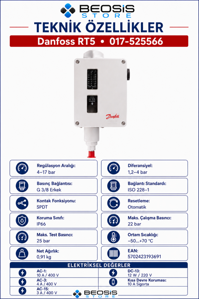 DANFOSS 017-525566 RT5 (4/17 BAR) PRESOSTAT
