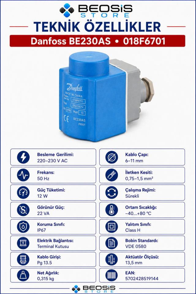 DANFOSS 018F6701 220-230V AC 12W BOBİN