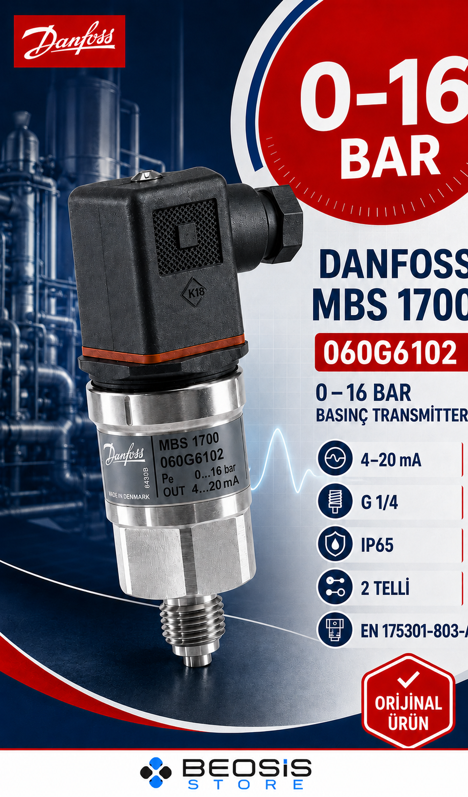 Danfoss 060G6102 MBS 1700 0-16 bar Basınç Transmitteri