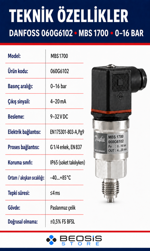 Danfoss 060G6102 MBS 1700 0-16 bar Basınç Transmitteri