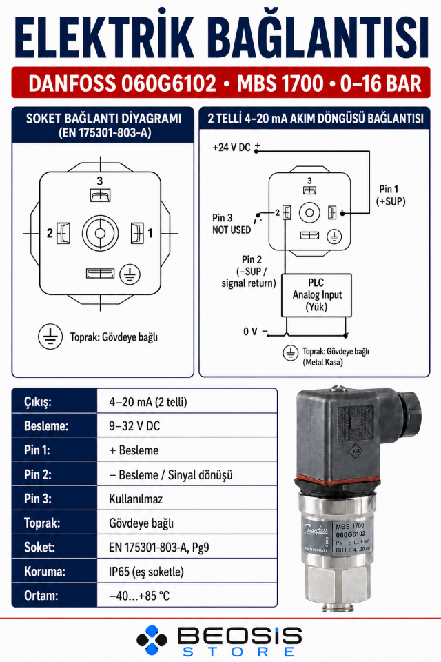 Danfoss 060G6102 MBS 1700 0-16 bar Basınç Transmitteri