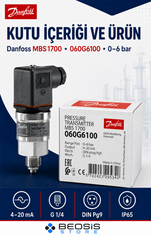 DANFOSS 060G6100 MBS 1700 0-6  bar Basınç Transmitteri