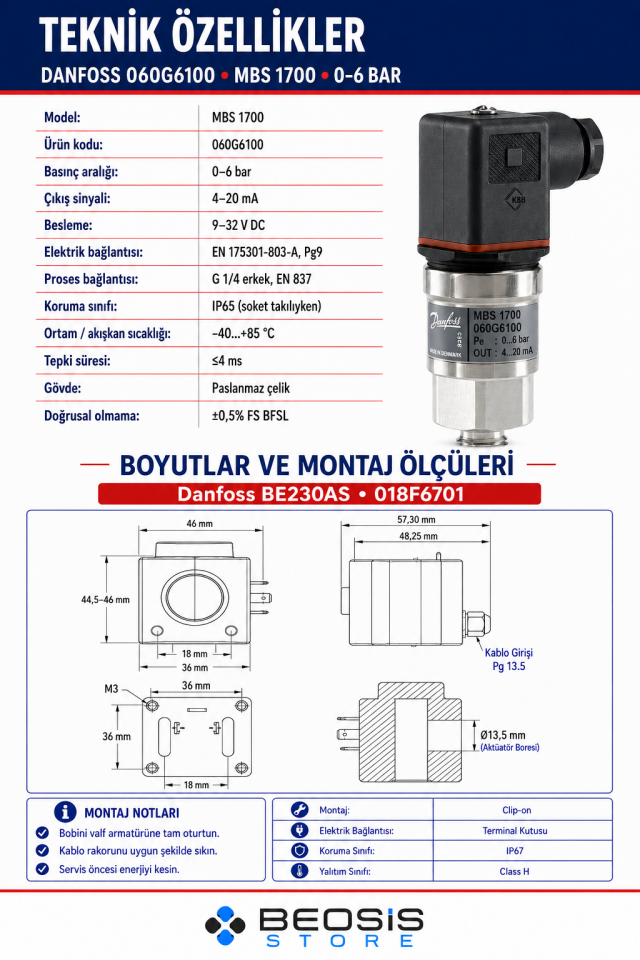 DANFOSS 060G6100 MBS 1700 0-6  bar Basınç Transmitteri