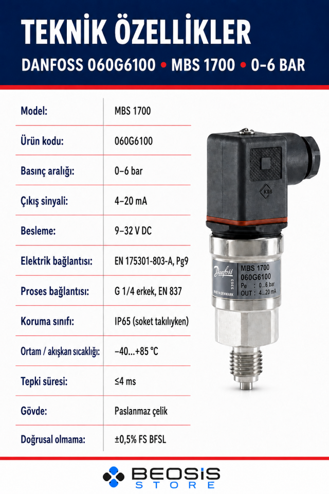 DANFOSS 060G6100 MBS 1700 0-6  bar Basınç Transmitteri