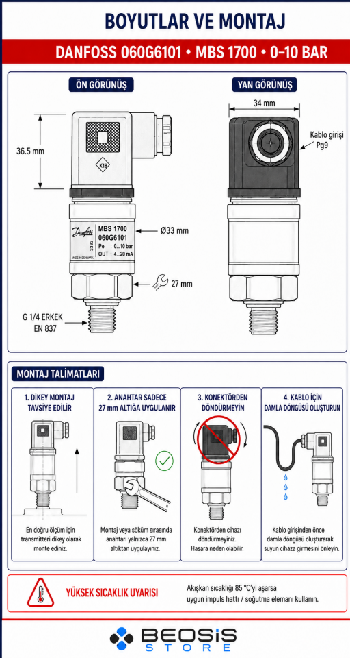 DANFOSS 060G6101 MBS 1700 0-10 bar Basınç Transmitteri