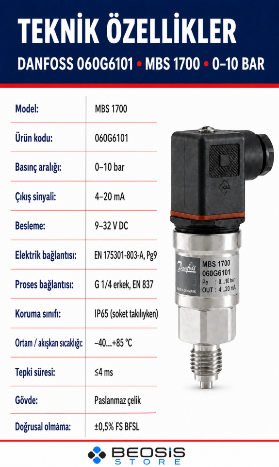 DANFOSS 060G6101 MBS 1700 0-10 bar Basınç Transmitteri
