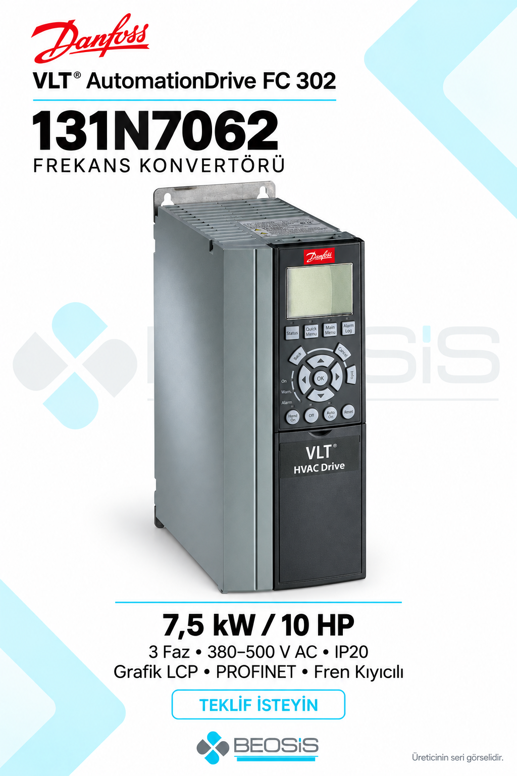 Danfoss 131N7062 VLT AutomationDrive FC 302 7,5 kW 380–500 V IP20 Grafik Panelli Motor Hız Kontrol Cihazı