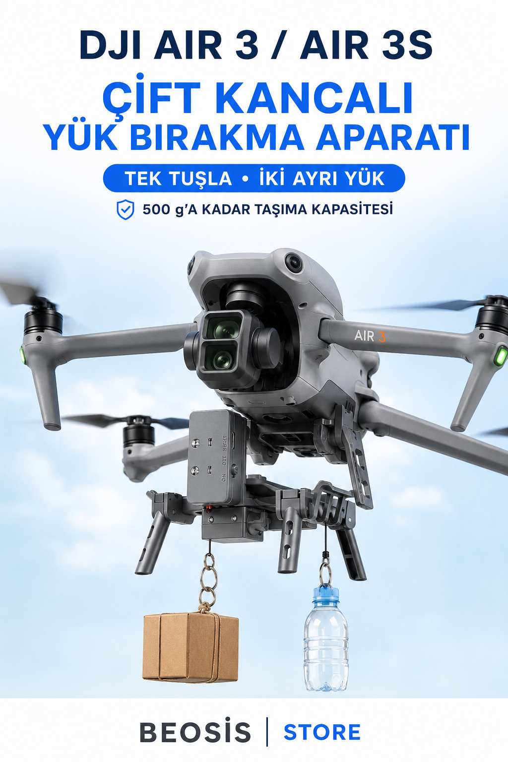 DJI Air 3 / Air 3S Çift Kancalı Drone Yük Bırakma Aparatı – Paket, Olta ve Balık Yemi Bırakma