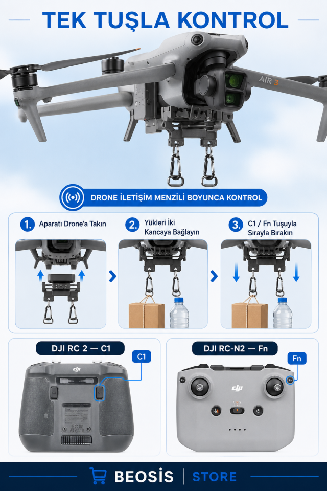 DJI Air 3 / Air 3S Çift Kancalı Drone Yük Bırakma Aparatı – Paket, Olta ve Balık Yemi Bırakma