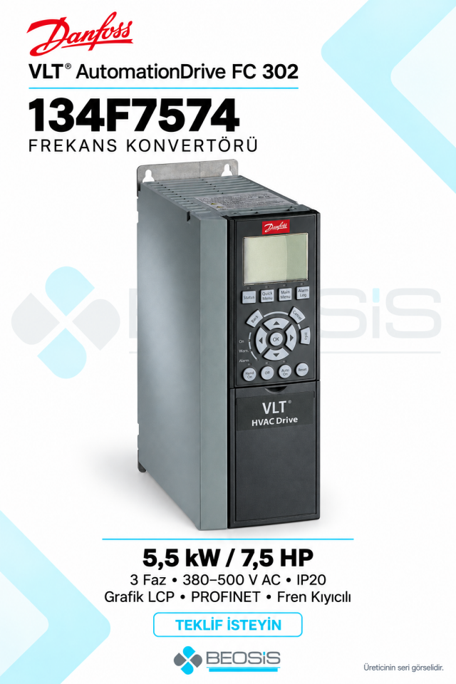 Danfoss 134F7574 VLT AutomationDrive FC 302 5,5 kW 380–500 V IP20 Grafik Panelli Motor Hız Kontrol Cihazı