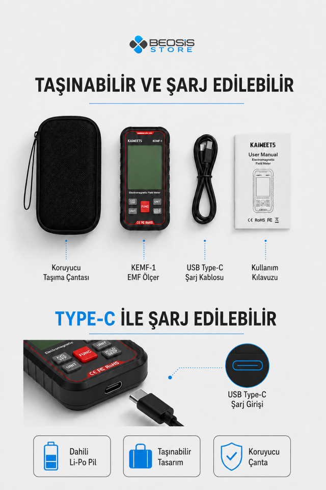 Profesyonel 3'ü 1 Arada EMF ve Radyasyon Ölçer – EF, MF, RF/Wi‑Fi Dedektörü