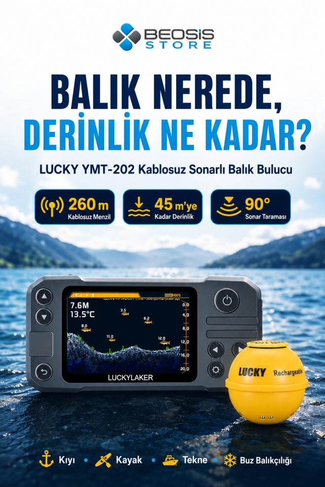 LUCKY YMT-202 Kablosuz Sonarlı Balık Bulucu – 260 m Menzil, 45 m Derinlik, 3,5 İnç Renkli Ekran