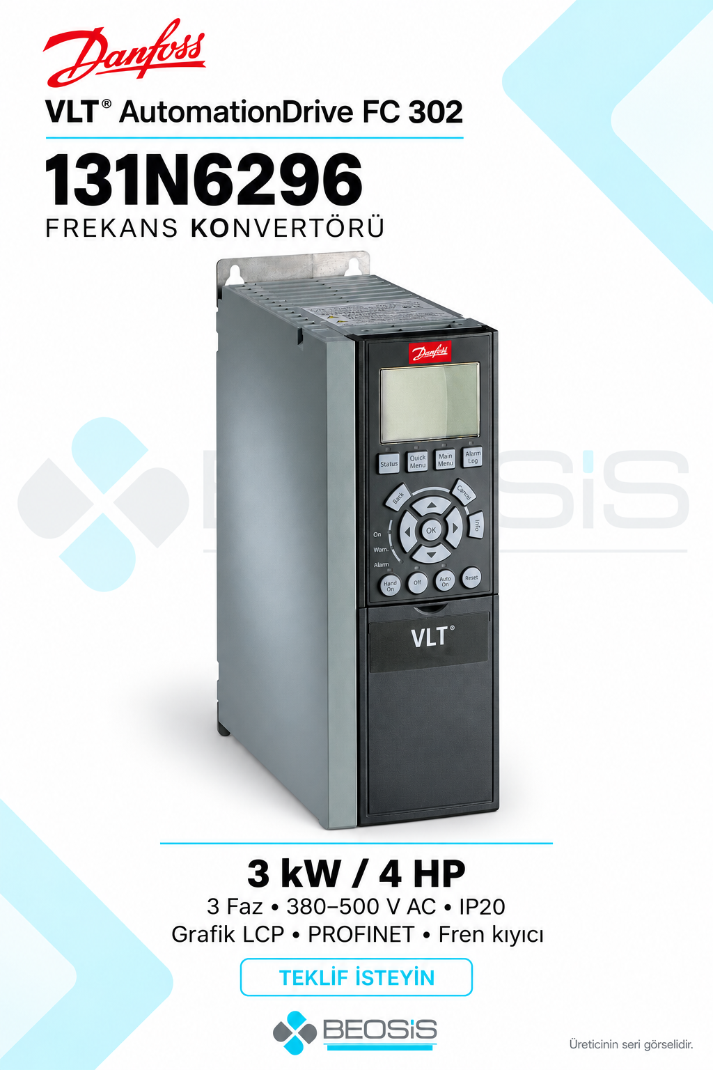 Danfoss 131N6296 VLT AutomationDrive FC 302 3 kW 380–500 V IP20 Grafik Panelli Motor Hız Kontrol Cihazı