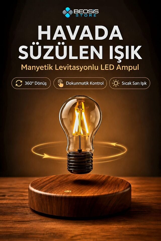 Manyetik Havada Asılı Dönen LED Ampul Lamba – Dokunmatik, 360° Dönüşlü Ahşap Görünümlü Masa Lambası