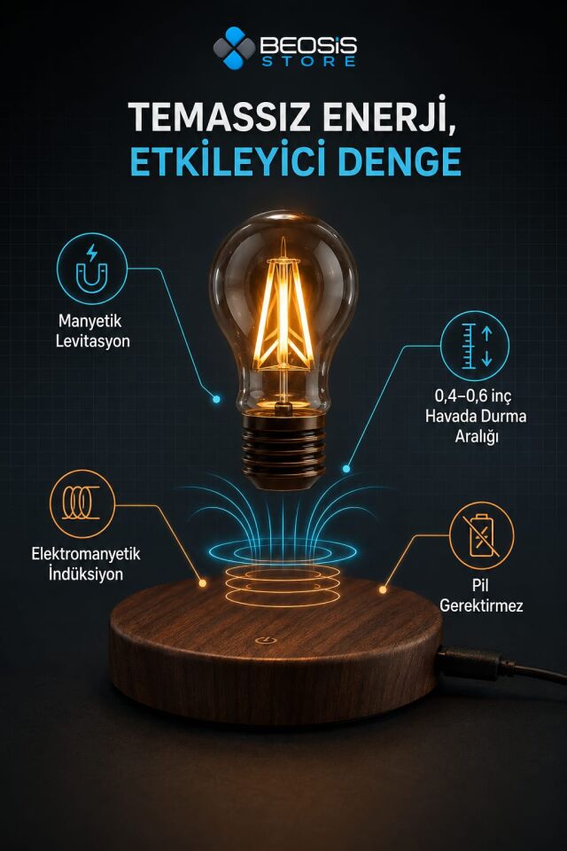 Manyetik Havada Asılı Dönen LED Ampul Lamba – Dokunmatik, 360° Dönüşlü Ahşap Görünümlü Masa Lambası