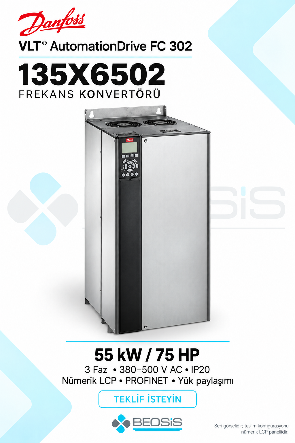 Danfoss 135X6502 VLT AutomationDrive FC 302 55 kW 380–500 V IP20 Nümerik Panelli Motor Hız Kontrol Cihazı