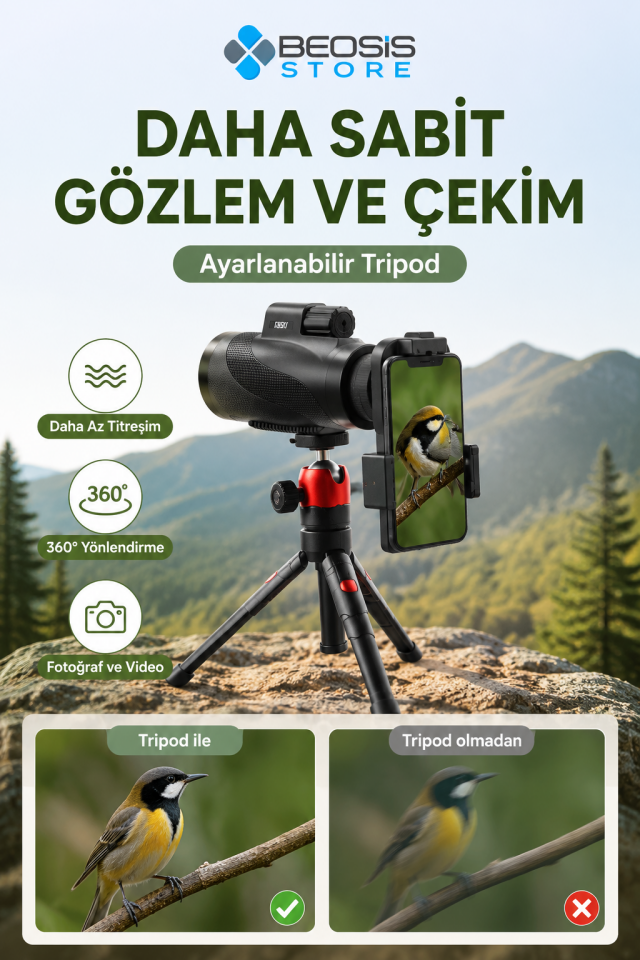 Gosky MW2 15x52 HD Monoküler Dürbün – BAK4 Prizma, FMC Optik, IPX7 Suya Dayanıklı, Telefon Adaptörü ve Tripodlu