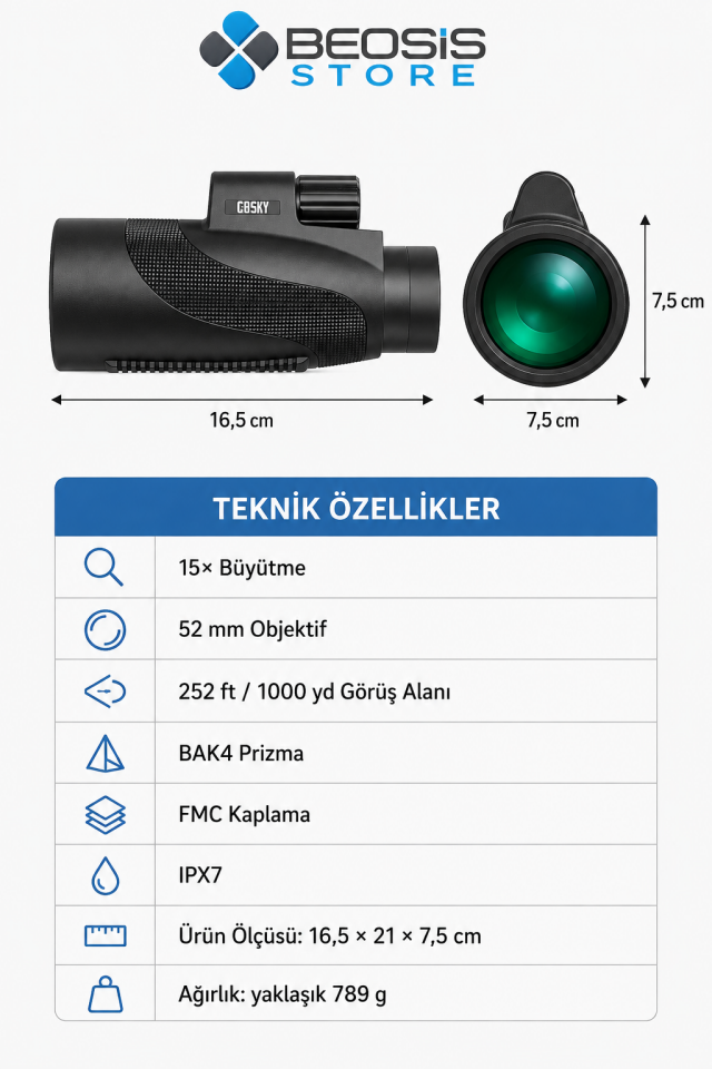 Gosky MW2 15x52 HD Monoküler Dürbün – BAK4 Prizma, FMC Optik, IPX7 Suya Dayanıklı, Telefon Adaptörü ve Tripodlu