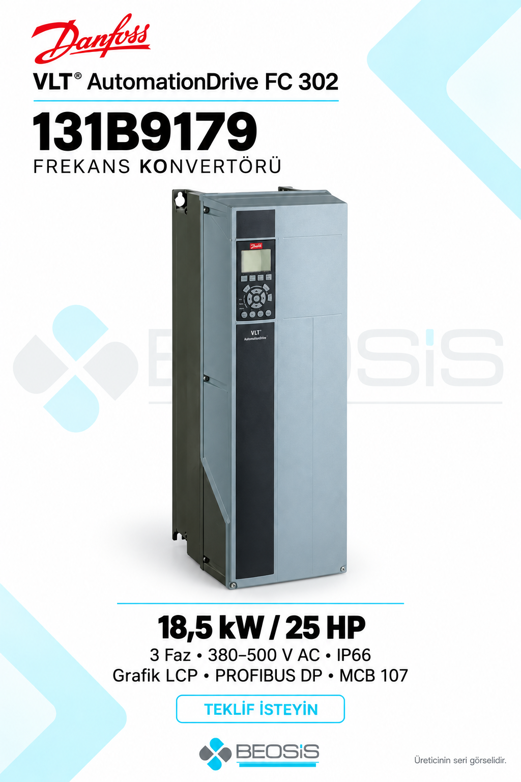 Danfoss 131B9179 VLT AutomationDrive FC 302 18,5 kW 380–500 V IP66 Grafik Panelli Motor Hız Kontrol Cihazı