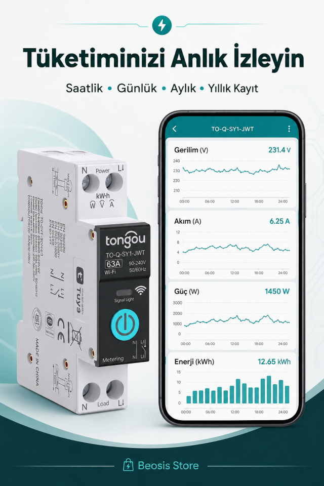 TONGOU Tuya 63A WiFi Akıllı Şalter – Enerji Takibi, Uzaktan Aç/Kapat ve Programlama