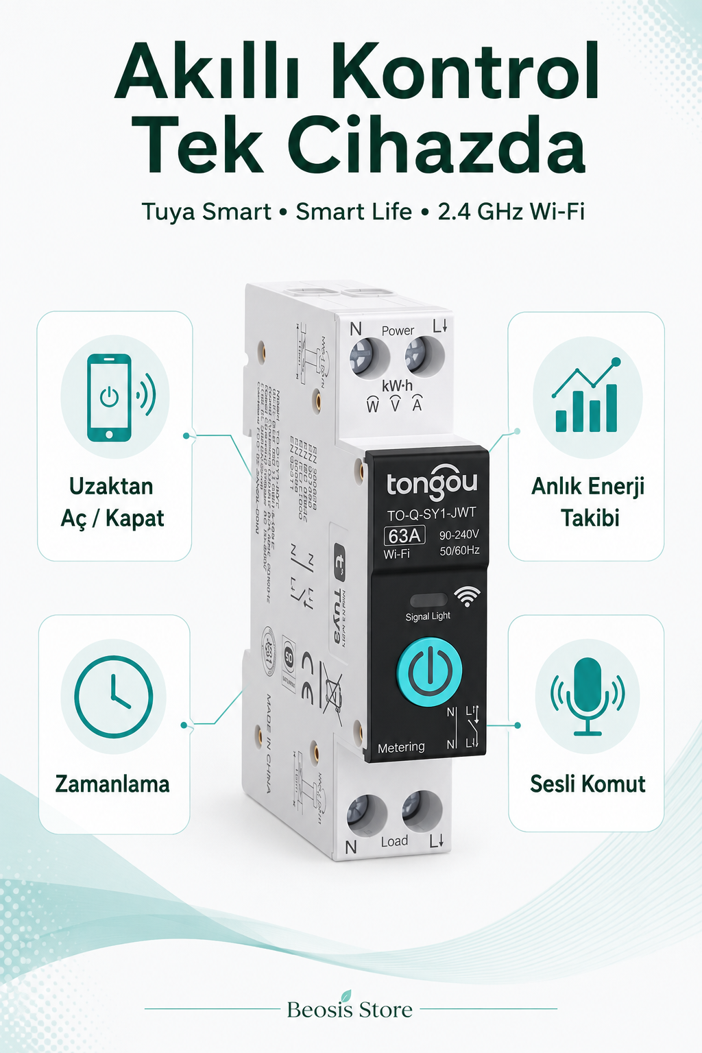 TONGOU Tuya 63A WiFi Akıllı Şalter – Enerji Takibi, Uzaktan Aç/Kapat ve Programlama