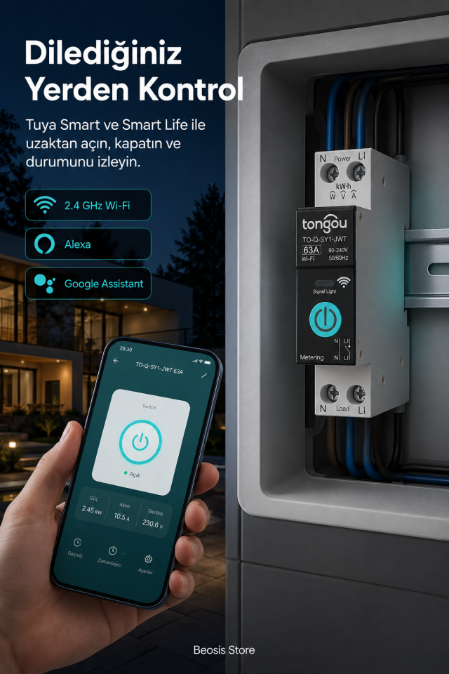 TONGOU Tuya 63A WiFi Akıllı Şalter – Enerji Takibi, Uzaktan Aç/Kapat ve Programlama