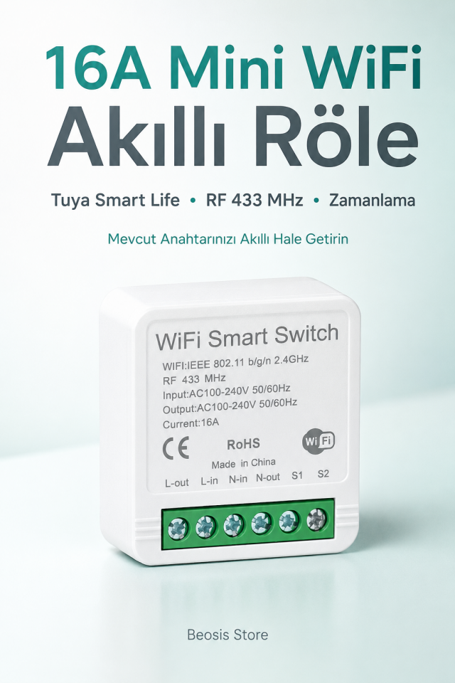 16A Mini WiFi + RF 433 MHz Akıllı Röle – Tuya Smart Life, Uzaktan Kontrol ve Zamanlama