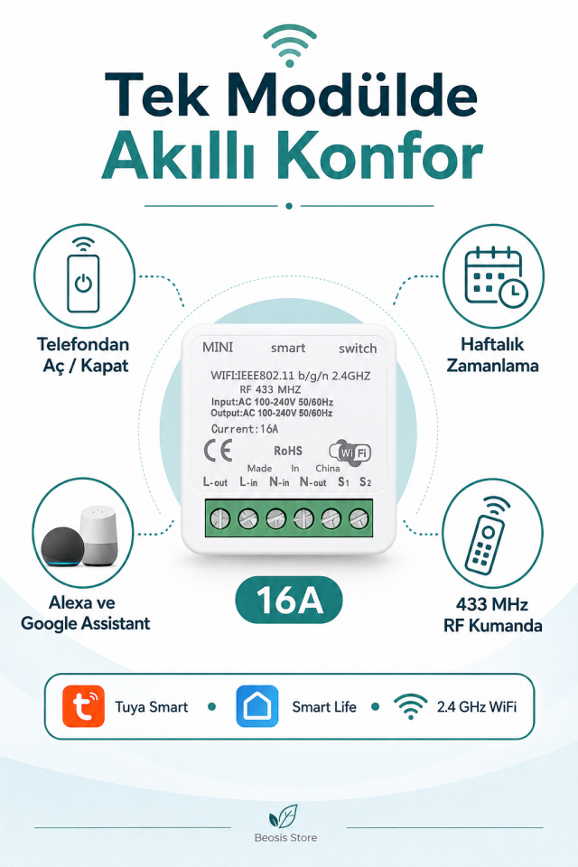 16A Mini WiFi + RF 433 MHz Akıllı Röle – Tuya Smart Life, Uzaktan Kontrol ve Zamanlama